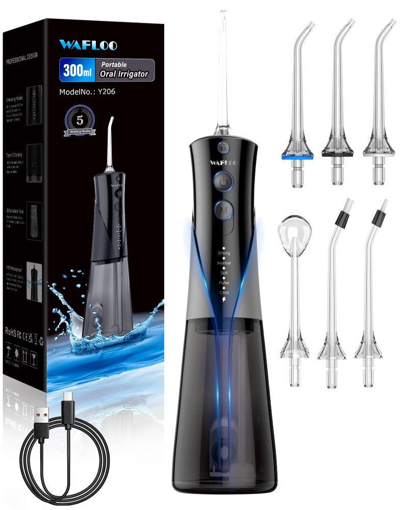 Water Flossers for Teeth 5 Modes 6 Flossing Tips Rechargeable Cordless Portable 300ML Larger Tank Electric Waterflosser Cleaner IPX7 Waterproof Floss Cleaning Teeth Pick for Home Travel